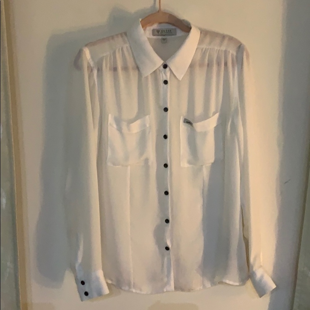 Guess Basic White Semi-Sheer Collared Shirt